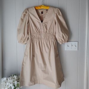 Boss Poplin Tan Cotton V-neck Smocked Waist Balloon Sleeves Knee Length Dress 6